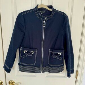 Ann Taylor Dark Blue Jacket w/White Trim Lined Sz 10 Medium